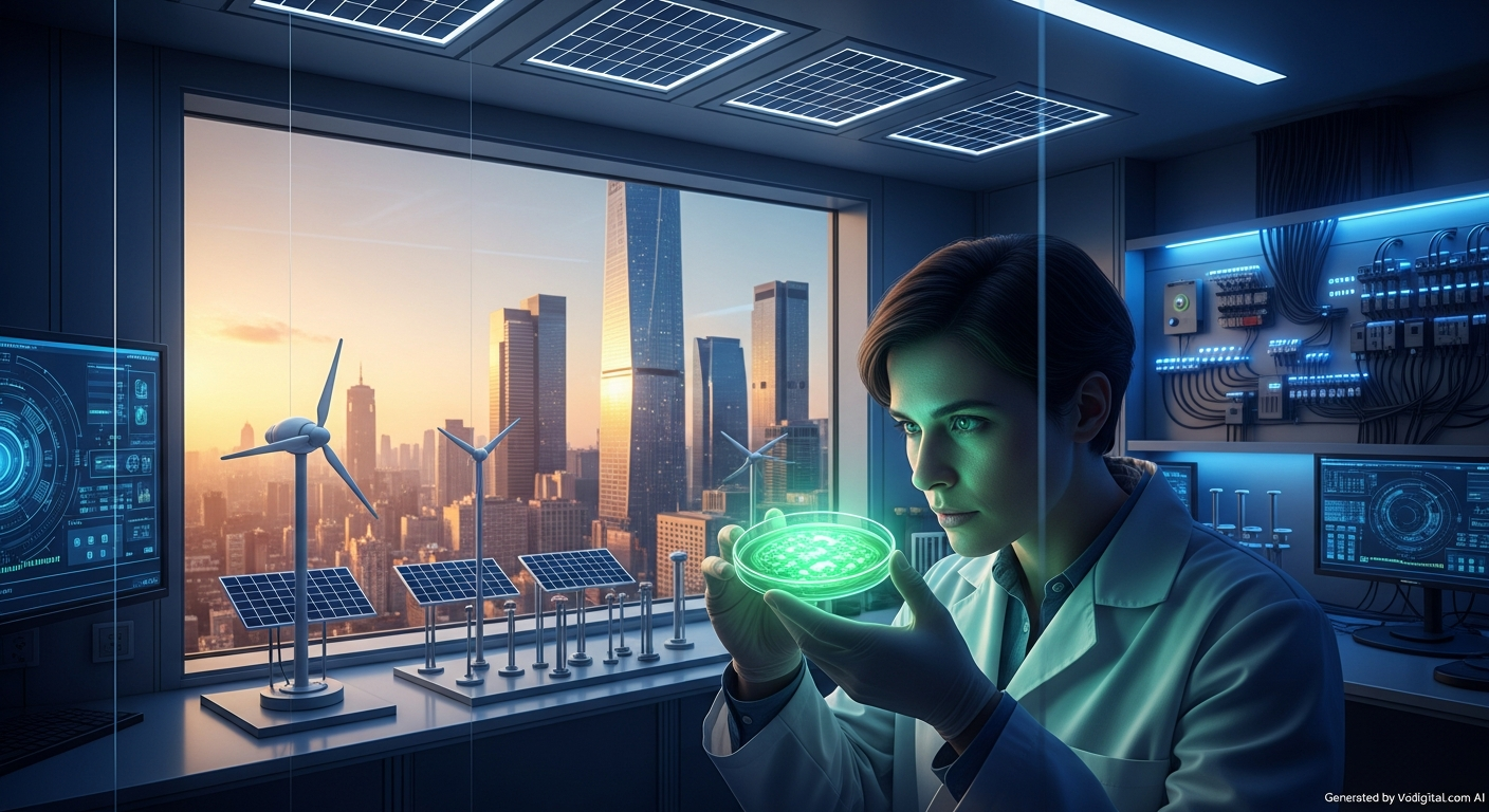 A stylized infographic showing various sustainable technology trends for 2025, represented by interconnected icons like wind turbines, solar panels, a smart city, and a recycling symbol, all in a futuristic, clean design. No text elements.