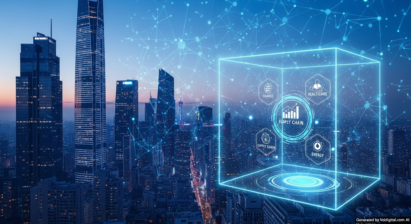 Web3 ve blockchain gelecekteki potansiyelini temsil eden bir grafik, arka planda çeşitli sektörler