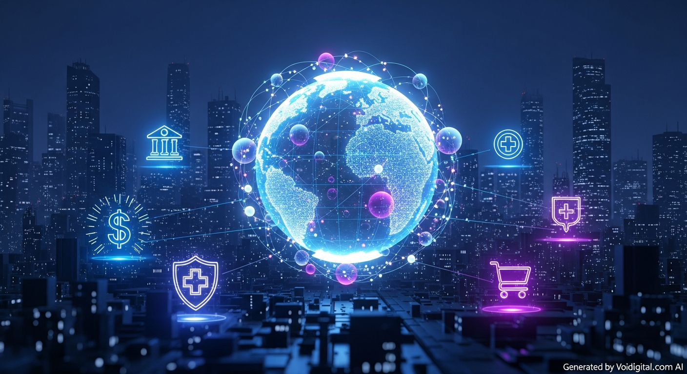 Web3 ve blockchain geleceğin internetini temsil eden bir grafik, arka planda çeşitli sektörler