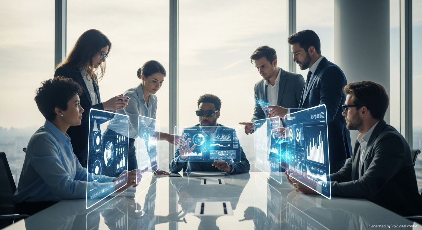 A group of diverse professionals collaboratively working on a complex project, with holographic AI interfaces displaying data and insights around them. The atmosphere is innovative and cooperative, with no text elements visible.