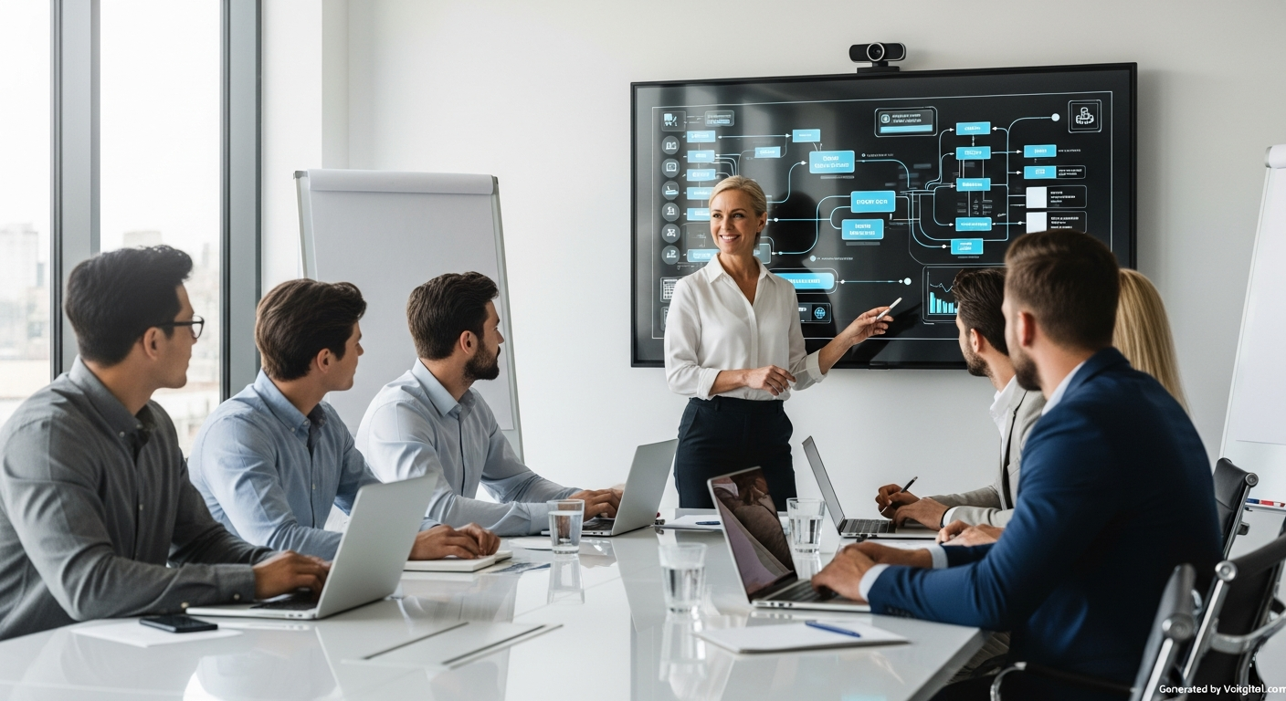 A group of diverse professionals in a modern meeting room, actively engaged in a workshop session. A digital consultant is facilitating, using a large interactive screen to display a complex digital strategy roadmap with various interconnected elements. Participants are taking notes and contributing ideas. The atmosphere is collaborative and innovative. No text elements visible.