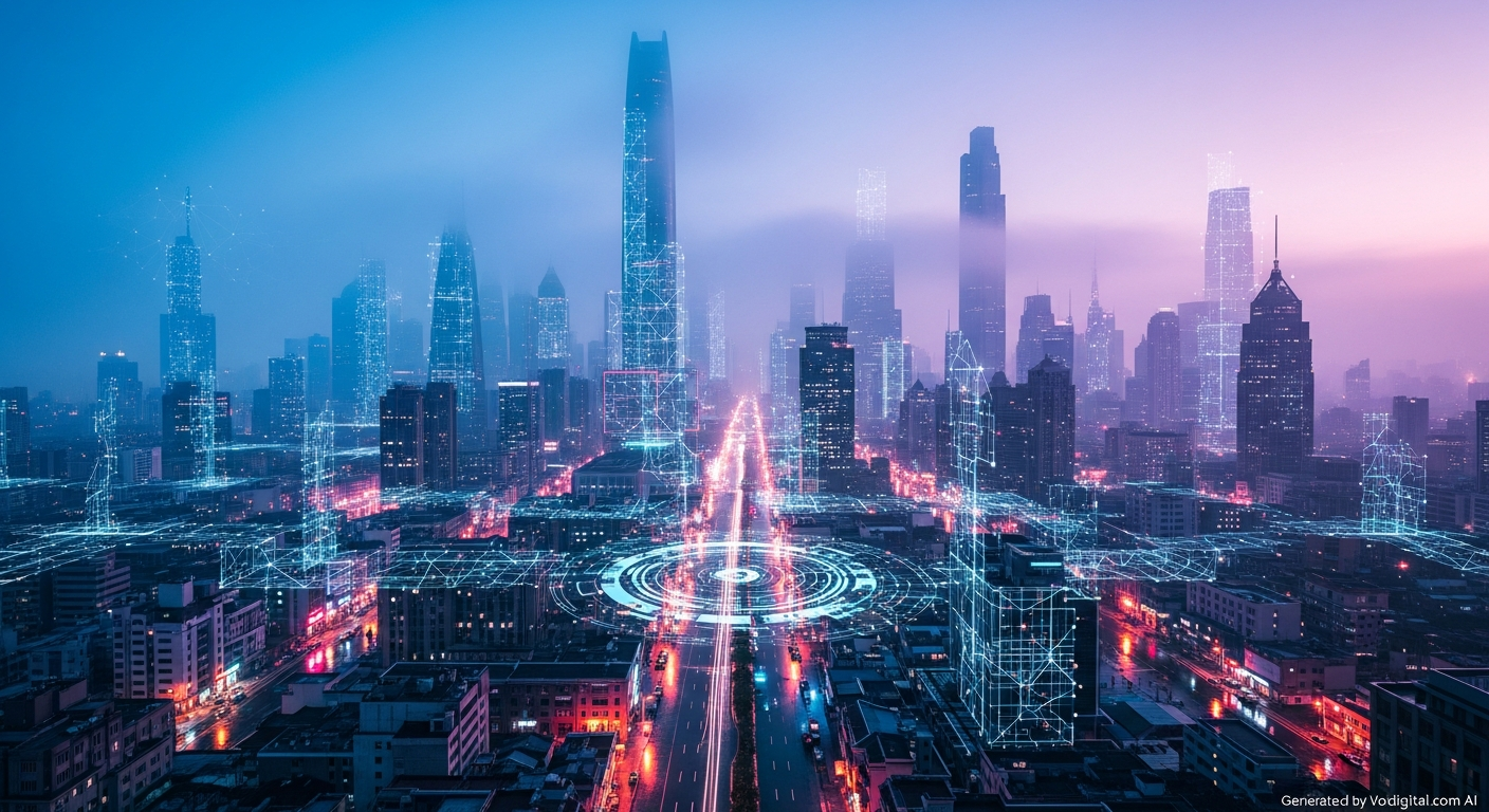 A visually striking, futuristic cityscape with digital overlays representing blockchain networks and Web3 concepts. The city should have a mix of traditional and ultra-modern architecture, symbolizing the integration of Web3 into existing structures. No visible text elements.