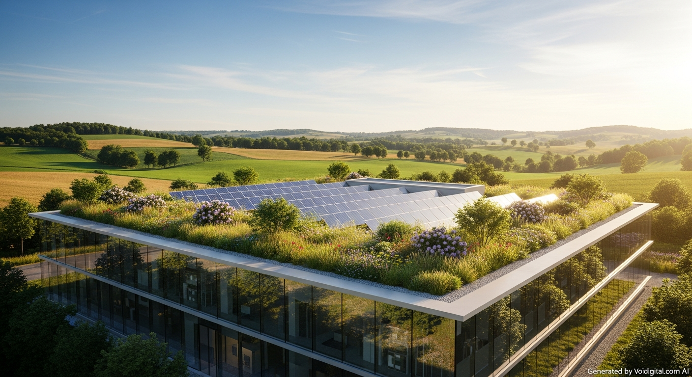 A modern, eco-friendly data center integrated with green elements like a rooftop garden and solar panels. The building blends into a natural, sunny landscape. No text elements.