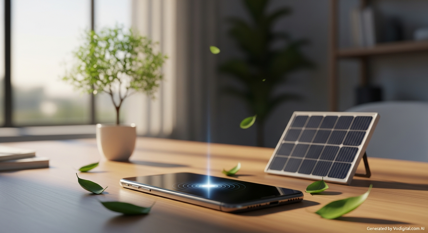 A stylized illustration showing a digital interface with a glowing, energy-efficient dark mode, surrounded by subtle environmental elements like leaves and clean energy symbols. The interface also displays a minimalist notification that promotes digital well-being without any visible text.