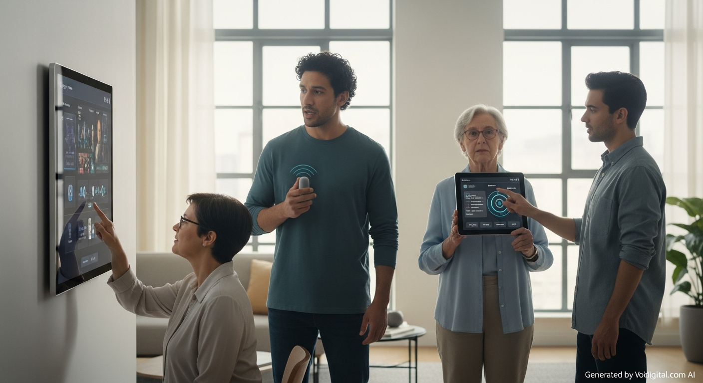 A diverse group of people interacting with a single digital interface that seamlessly adapts to different needs. One person is using voice commands, another is viewing high-contrast text, and a third is interacting with simple, large touch targets. No visible text elements.