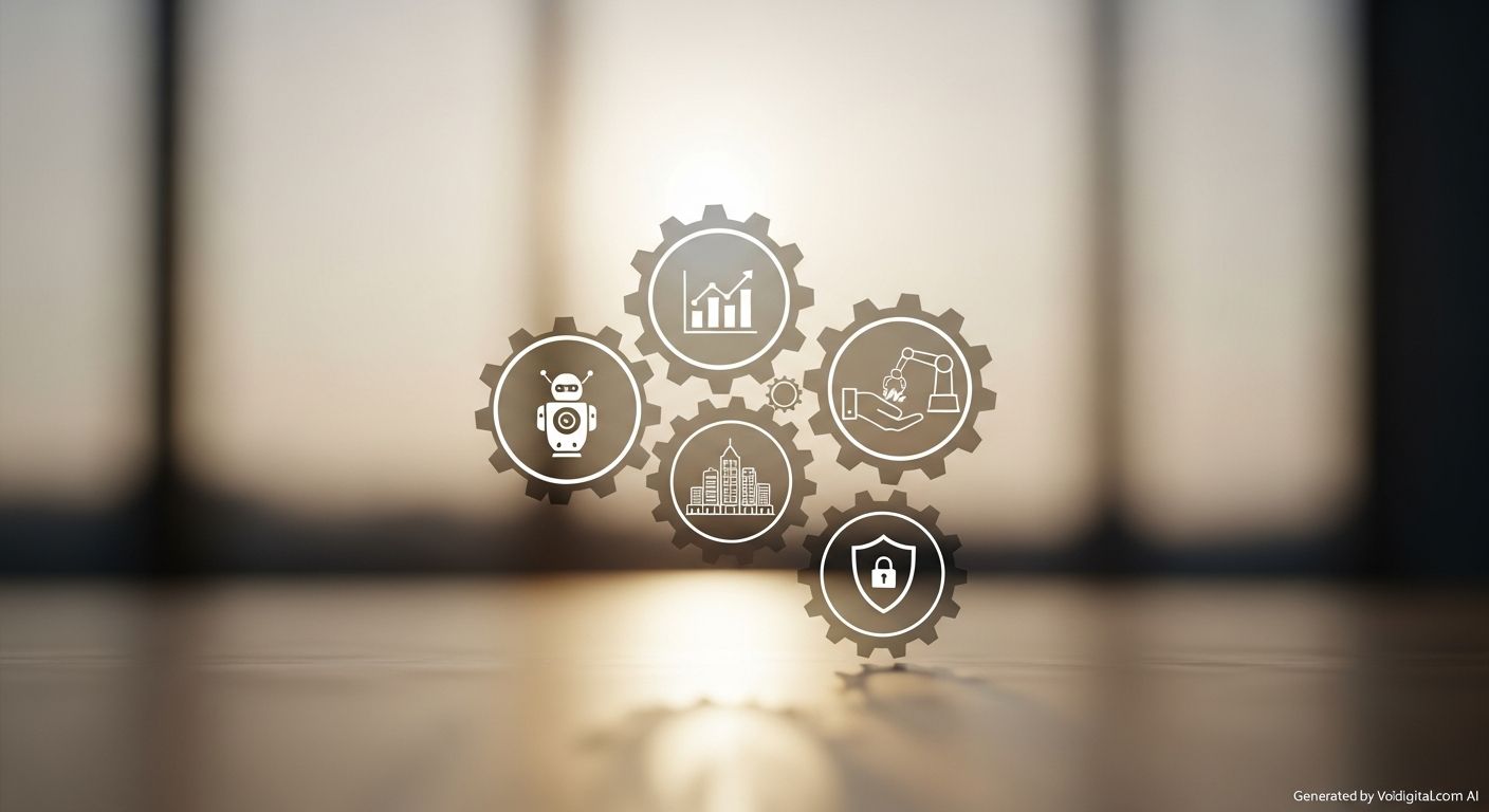 A stylized infographic showing various intertwined aspects of AI trends: AI agents, efficiency, human-AI collaboration, infrastructure, and regulations. Each aspect should have a clear, distinct icon, and the overall design should be modern and clean, without any visible text.