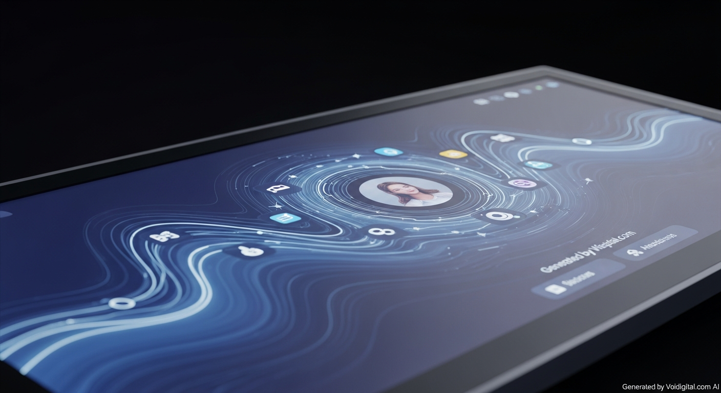 A futuristic digital interface dynamically reconfigures its layout and content based on the user's emotional state and past interactions. The interface shows subtle animations and personalized recommendations. No visible text elements.