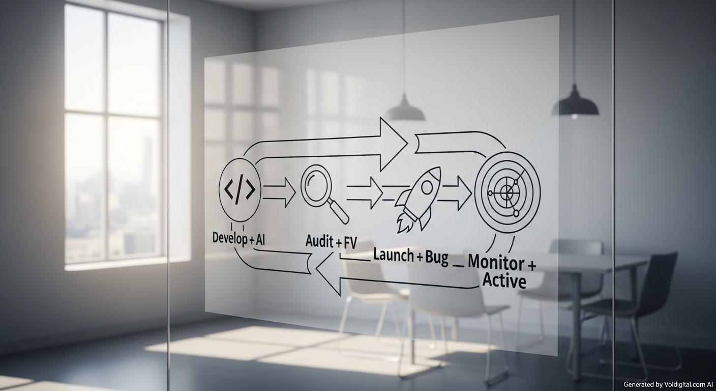 A detailed diagram showing the "Continuous Security Lifecycle" for Web3 projects. It should illustrate a loop with stages like "Develop + AI," "Audit + FV," "Launch + Bug," and "Monitor + Active," interconnected with arrows. The diagram should be clean and technical. No visible text elements.