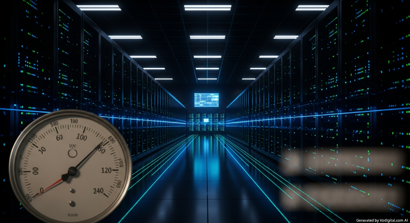 A data center with rows of servers, glowing with blue and green lights, but with a subtle overlay of a power meter rapidly spinning, symbolizing high energy consumption. No text elements.