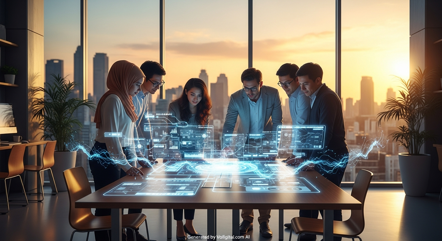 A futuristic, stylized infographic showing interconnected digital trends. Elements like AI, big data, blockchain, IoT, and cloud computing are represented with subtle iconography, flowing into each other, symbolizing their integration and evolution in the digital consulting landscape. The color palette is modern and professional, with no text.