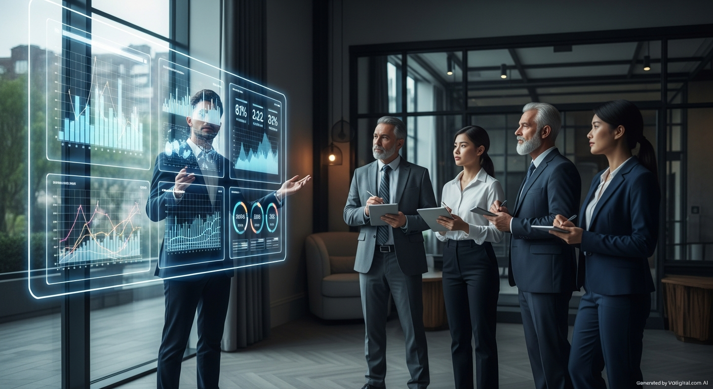 A professional digital consultant, dressed smartly, standing in front of a holographic dashboard displaying various digital marketing metrics like website traffic, social media engagement, and conversion rates. The consultant is pointing to a specific metric, explaining it to a diverse group of business stakeholders who are attentively listening. The background is a modern, clean office environment. No text elements visible.