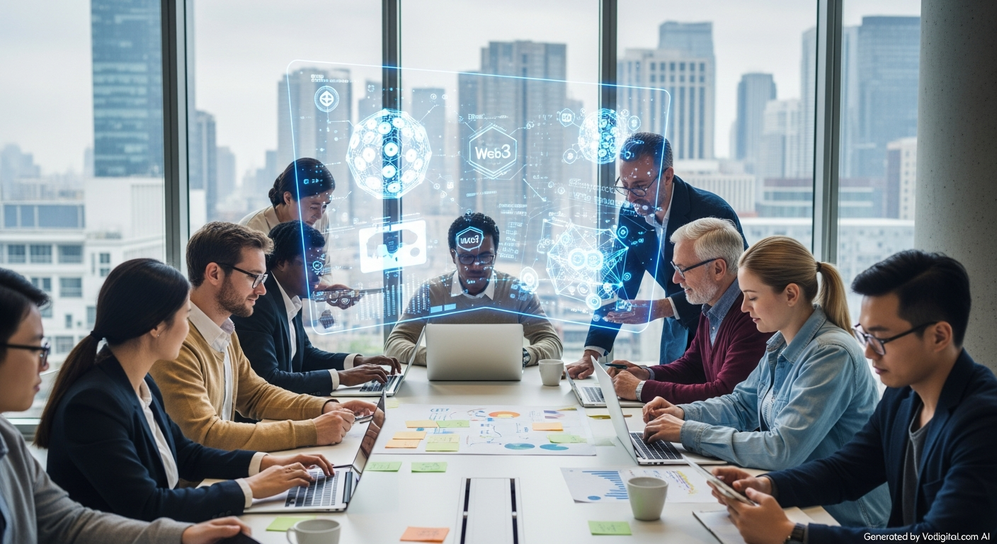A diverse group of people, representing different ages and professions, engaged in a collaborative brainstorming session around a futuristic holographic display showing Web3 concepts and blockchain networks. The setting should be modern and energetic, emphasizing innovation and partnership. No visible text elements.